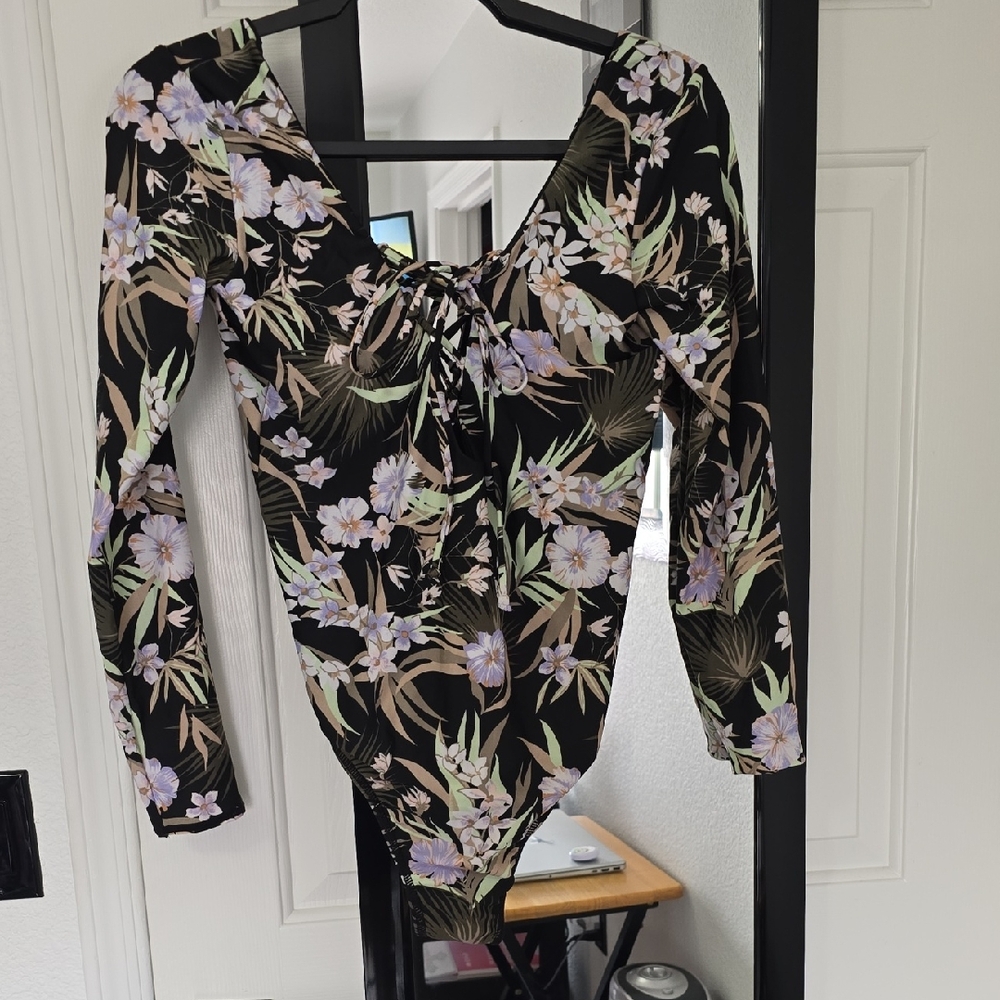 Volcom Floral Bodysuit - Black and Lavender Sz Lg